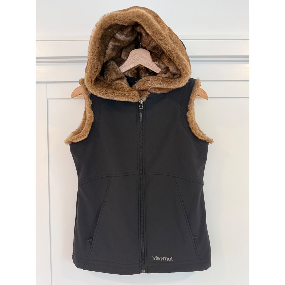Marmot Women's Softshell Hooded Vest Black Faux Fur Trim Full Zip - Small